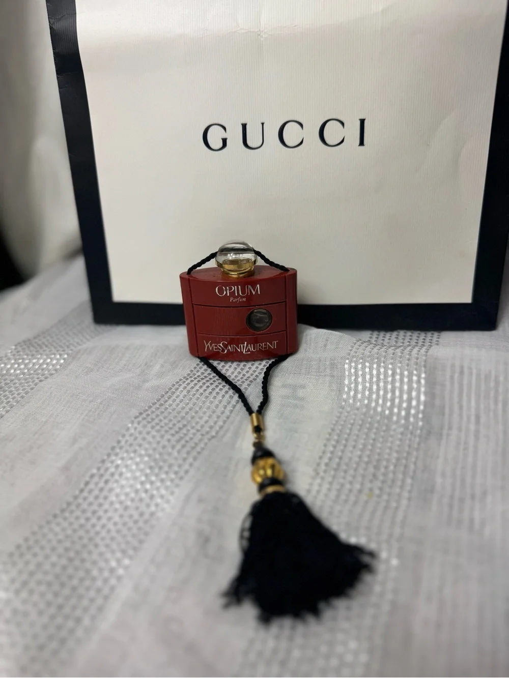 Vintage 80s Collector Yves Saint Laurent Red Black Opium Bottle Pendant Tassel